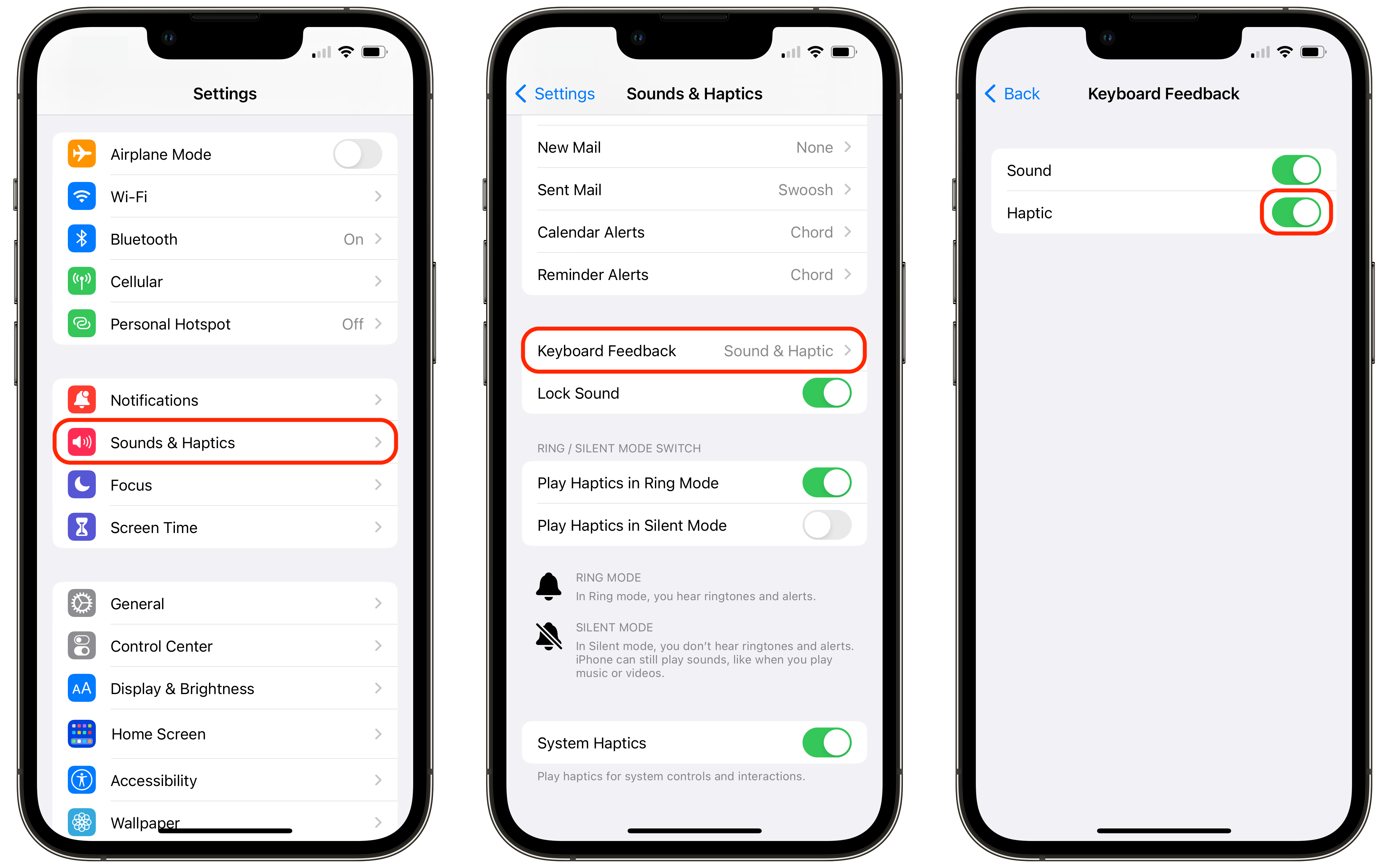 Screenshots showing steps to enable haptic feedback for the keyboard